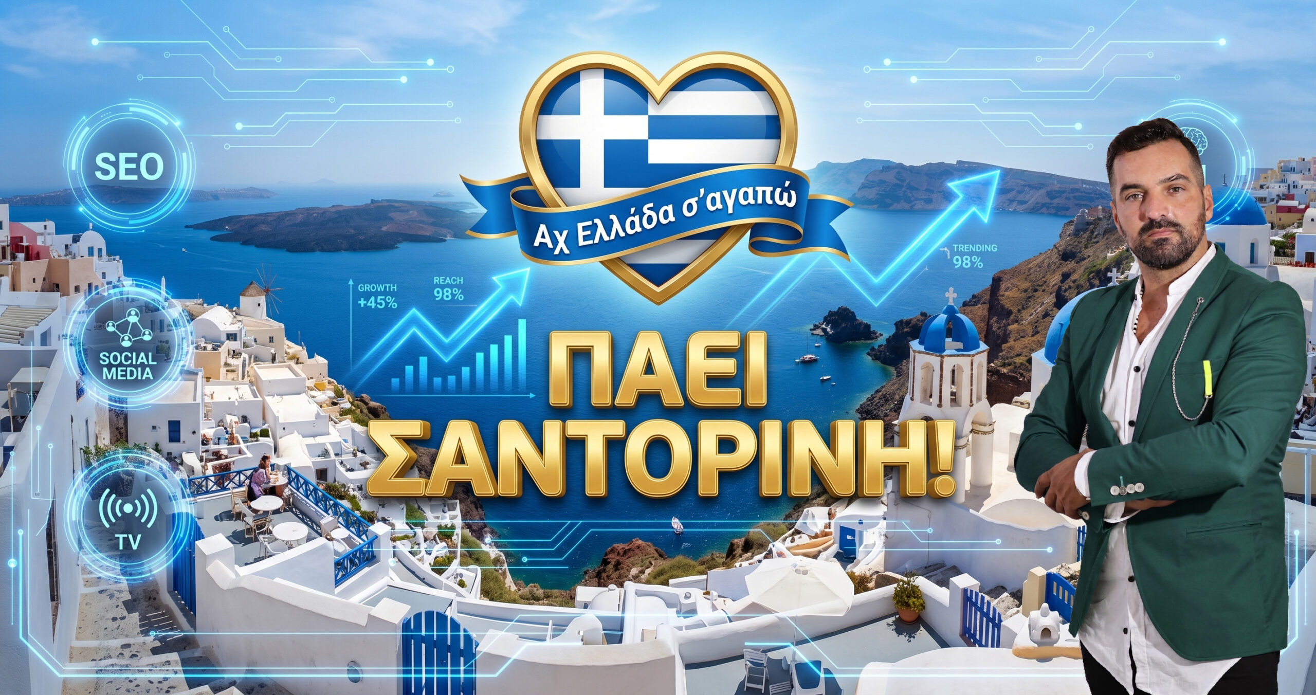 ach-ellada-sagapo-santorini-michail-kontizas-low | Magic Lamp Promotional banner showing Santorini scenery, a man in a green jacket, Greek heart emblem and Greek text, with SEO/tech graphics in the background.