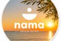 Logo sticker for Nama Seaside Retreat with a sunset over the sea, olive branches, and the text 'nama Seaside Retreat'.