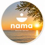 luxury-seaside-villa-in-kalamata-nama-seaside-retreat-your-private-garden-escape-by-the-sea 3 | Magic Lamp Logo sticker for Nama Seaside Retreat with a sunset over the sea, olive branches, and the text 'nama Seaside Retreat'.