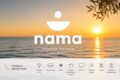 Sunset over calm sea with orange sky and leafy branches, featuring the 'nama Seaside Retreat' logo and a row of facility icons along a translucent bottom bar.