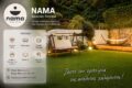 NAMA Seaside Retreat promotional banner showing a large circular logo, Greek text, and an outdoor garden lounge with a wooden swing on a lit lawn.
