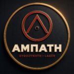 Circular black badge with a gold rim, red geometric emblem, and the bold text 'AMPATH' with 'BYOOZYMTH LAGER' beneath.