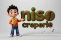 Cartoon boy in orange hoodie holding a crepe beside a green and brown 'creperie' logo.