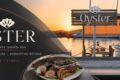 Banner for Oyster seafood restaurant: sunset harbor dining with guests and boats, logo and Greek menu text visible.