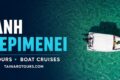 Banner promoting Tainaro Tours boat cruises: white speedboat on turquoise sea with company logo on the right and Greek text on the left.