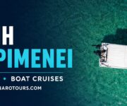 Banner promoting Tainaro Tours boat cruises: white speedboat on turquoise sea with company logo on the right and Greek text on the left.