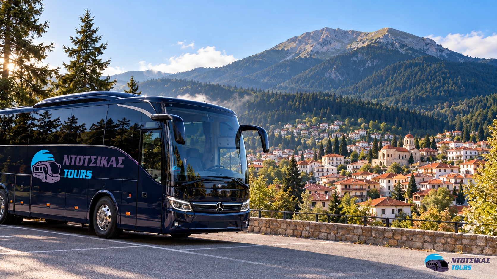 Εκδρομές στο Καρπενήσι με πούλμαν NTOTSIKAS TOURS και θέα στην πόλη – διαφημιστική σύνθεση