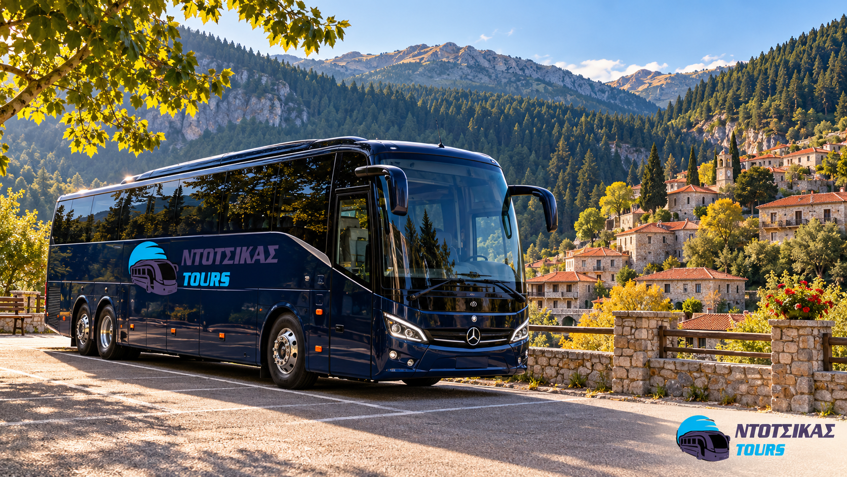 Πούλμαν NTOTSIKAS TOURS σε σκηνικό Μεγάλου Χωριού Ευρυτανίας – διαφημιστική σύνθεση