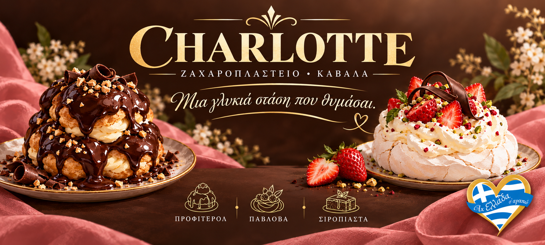 Charlotte Ζαχαροπλαστείο Καβάλα · γραφιστική εικονογράφηση προφιτερόλ, πάβλοβα και γλυκών της Magic Lamp