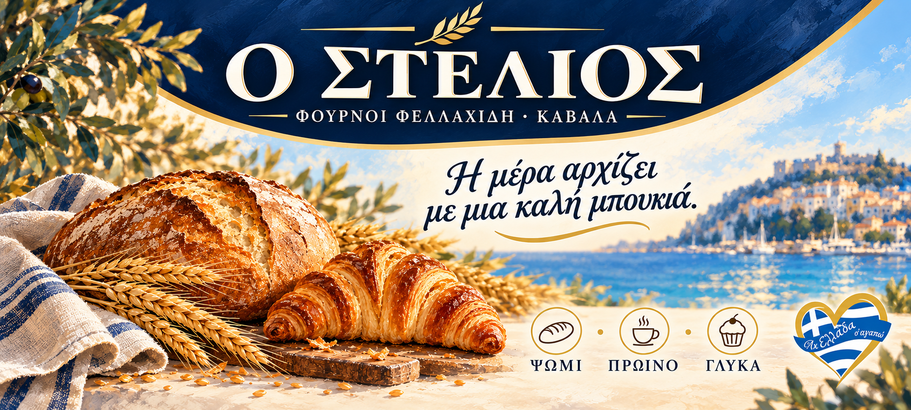 Ο Στέλιος · Φούρνοι Φελλαχίδη Καβάλα · γραφιστική εικονογράφηση ψωμιού, πρωινού και γλυκών της Magic Lamp
