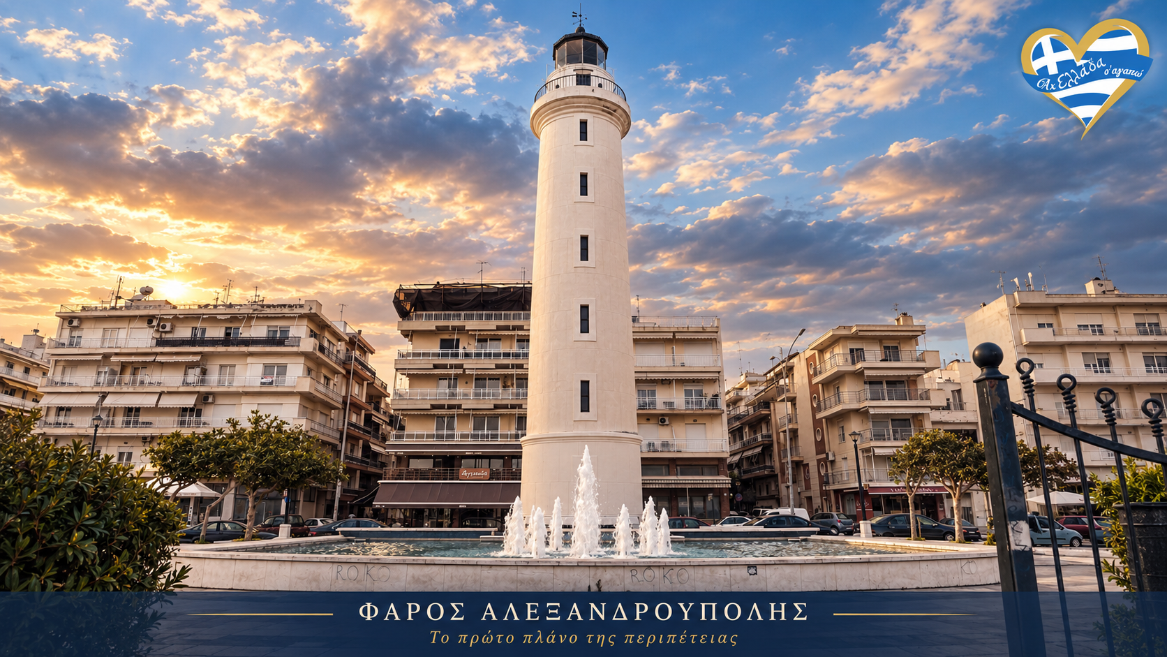Ο λευκός Φάρος της Αλεξανδρούπολης με το σιντριβάνι μπροστά του.