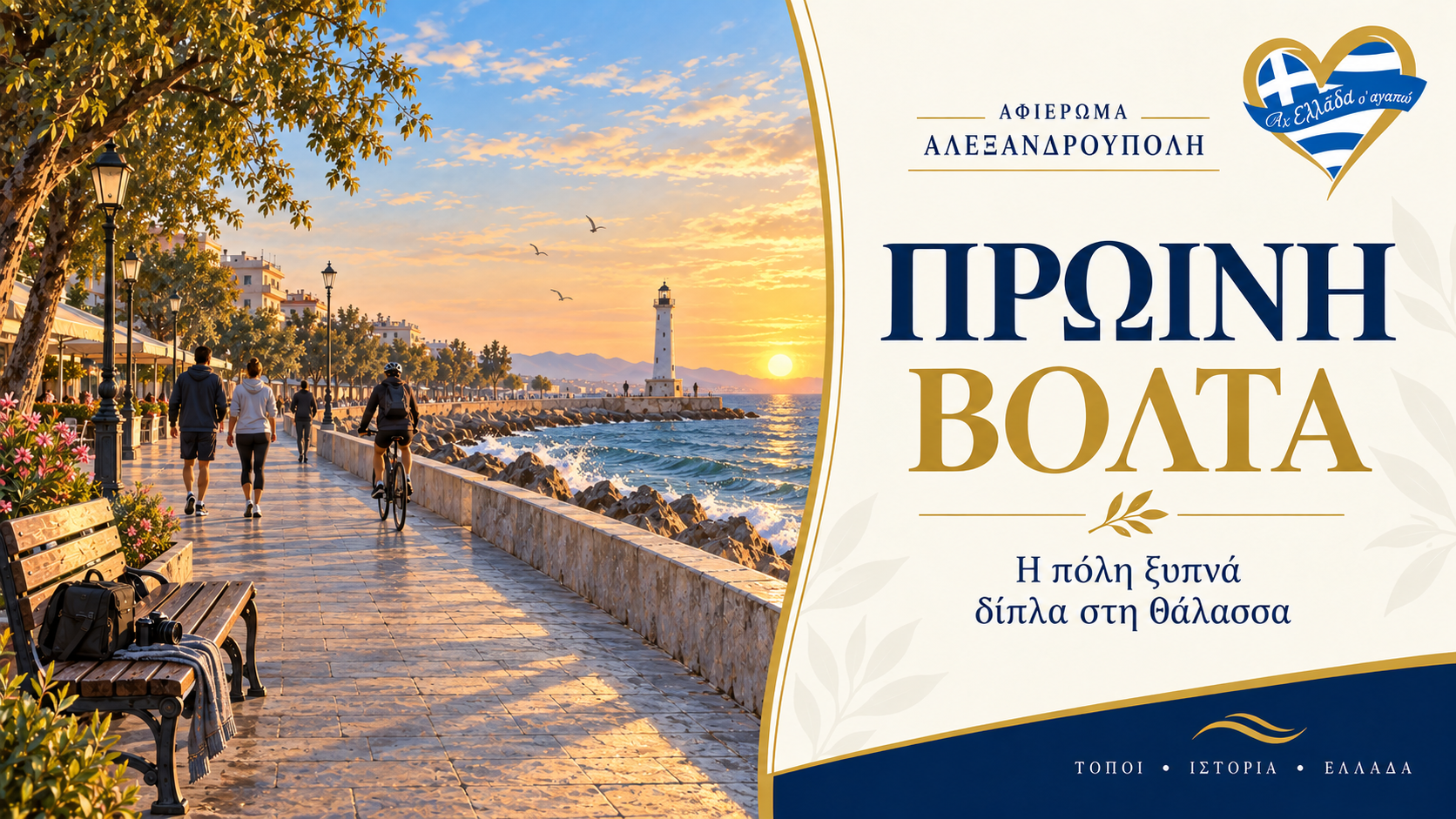 Πρωινή βόλτα στην παραλιακή της Αλεξανδρούπολης, με το λογότυπο Αχ Ελλάδα σ’ αγαπώ και το μπλε χρυσό πρότυπο του αφιερώματος