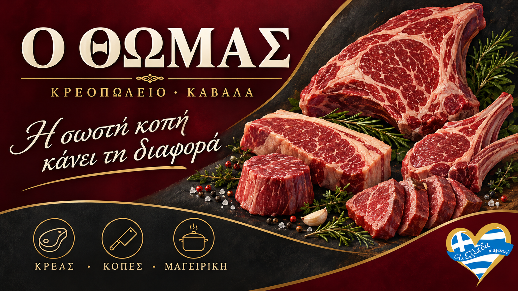 Κρεοπωλείο Ο Θωμάς · Κοπές κρέατος · γραφιστική εικονογράφηση Magic Lamp