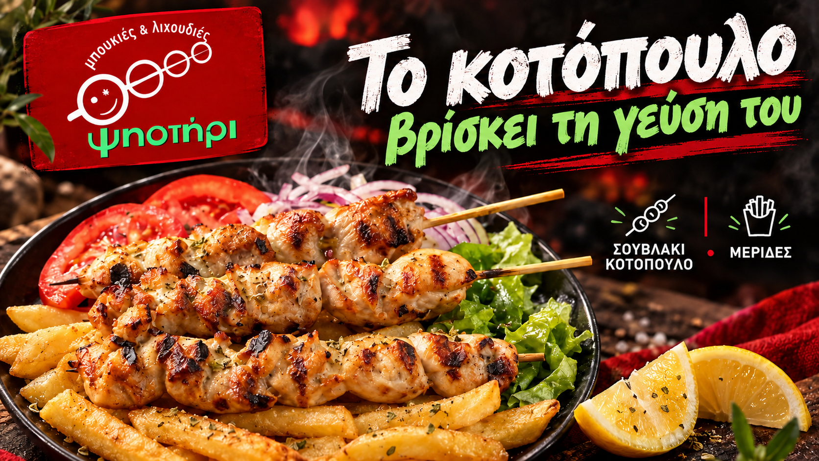 Σουβλάκια κοτόπουλου με πατάτες και σαλάτα — Ψηστήρι Καστοριά