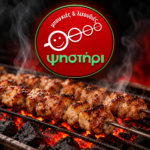 Λογότυπο Ψηστήρι με πράσινα γράμματα και σουβλάκι στη σχάρα — Ψηστήρι Καστοριά