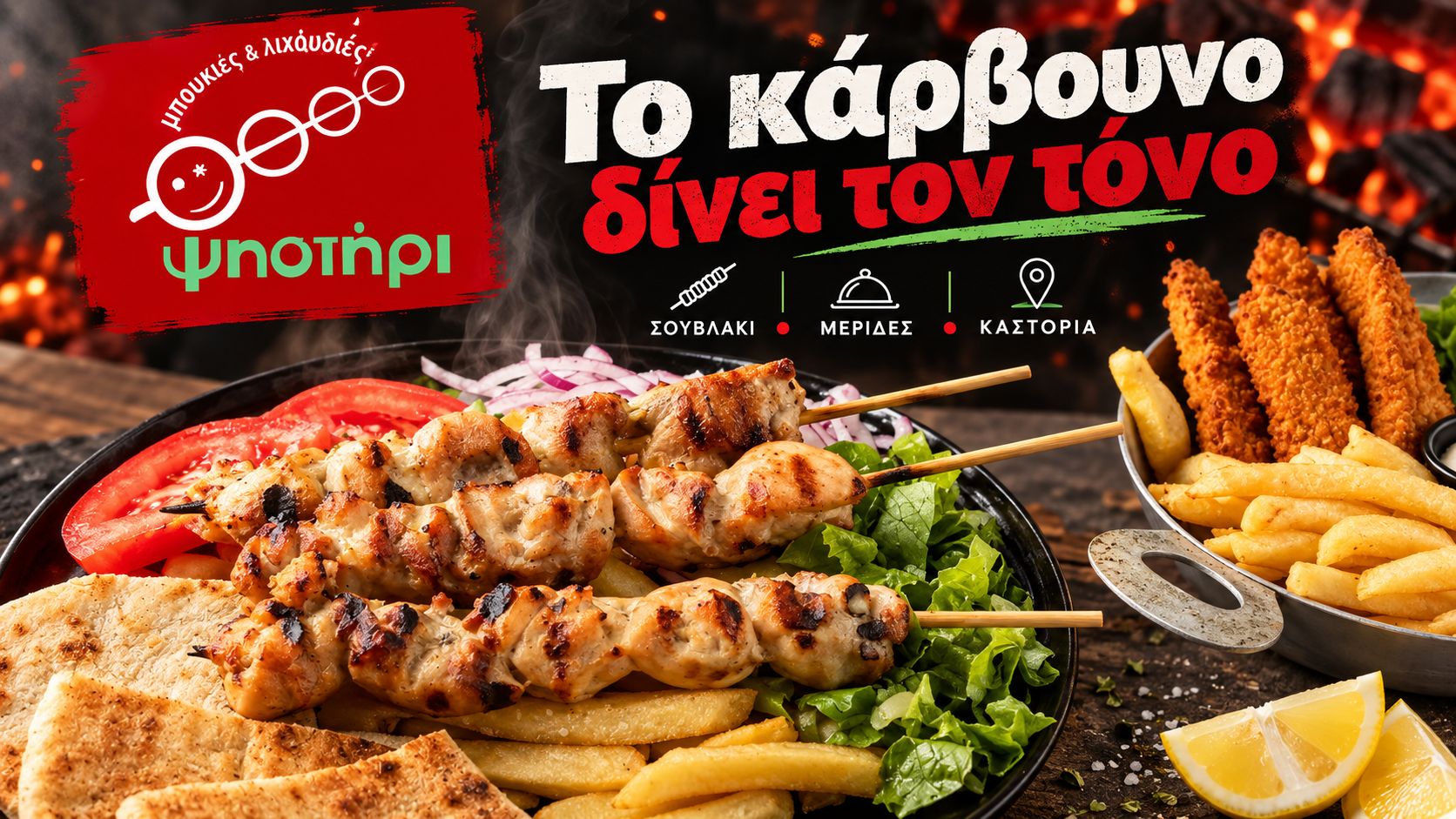 Σουβλάκια στα κάρβουνα με πίτα, πατάτες και λαχανικά — Ψηστήρι Καστοριά