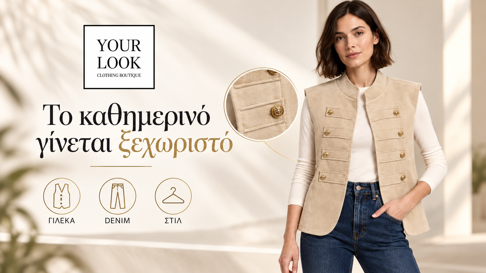 YOUR LOOK Καστοριά | Μπεζ γιλέκο με λευκή μπλούζα και μπλε denim | Magic Lamp Μπεζ γιλέκο με λευκή μπλούζα και μπλε denim — YOUR LOOK Καστοριά