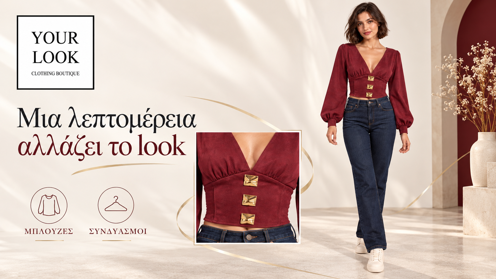 YOUR LOOK Καστοριά | Μπορντό μπλούζα με χρυσά κουμπιά συνδυασμένη με jeans | Magic Lamp Μπορντό μπλούζα με χρυσά κουμπιά συνδυασμένη με jeans — YOUR LOOK Καστοριά