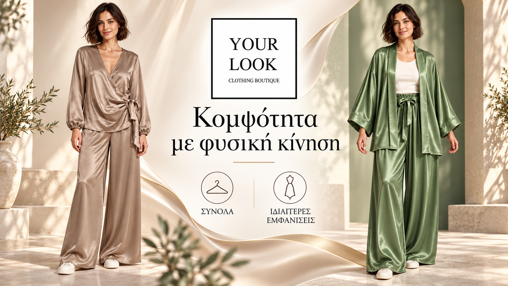 YOUR LOOK Καστοριά | Γυναικεία σατέν σετ σε μπεζ και πράσινη απόχρωση | Magic Lamp Γυναικεία σατέν σετ σε μπεζ και πράσινη απόχρωση — YOUR LOOK Καστοριά