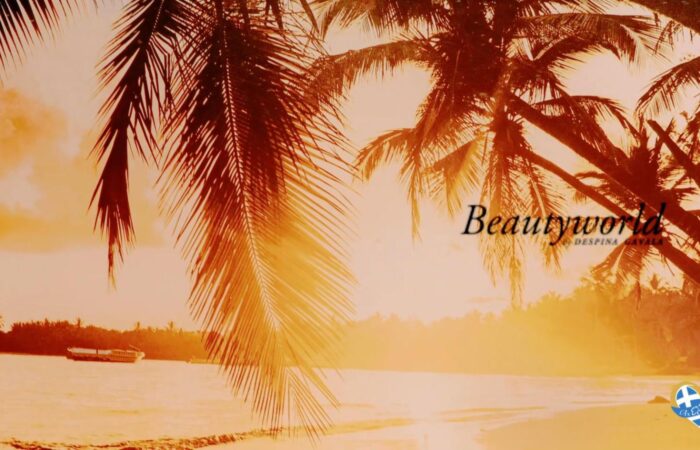 Tropical beach scene with palm trees, orange sunset hues, and a boat on calm water; 'Beautyworld' text overlays the image.