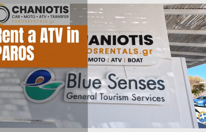 Advertisement collage promoting ATV rentals in Paros: bold orange panel reading 'Rent a ATV in PAROS' with company logos above and signs for Blue Senses tourism services below.