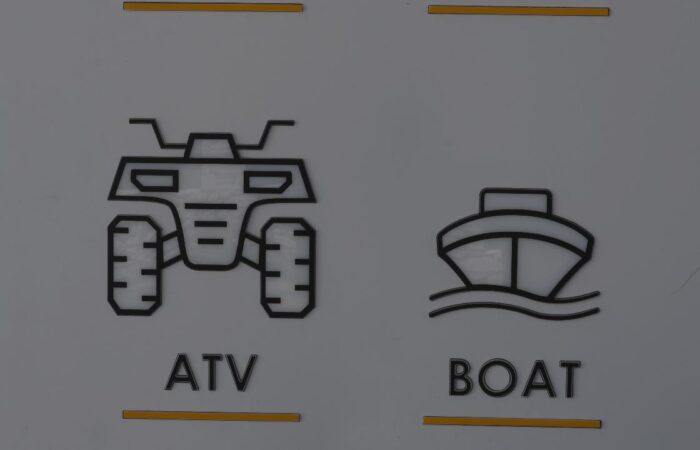 Line-drawn ATV icon labeled ATV on the left and a boat icon with waves labeled BOAT on the right.