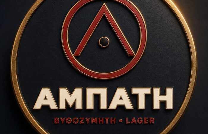 Circular black badge with a gold rim, red geometric emblem, and the bold text 'AMPATH' with 'BYOOZYMTH LAGER' beneath.