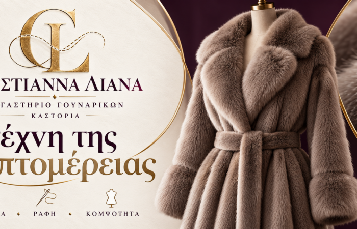 Κεντρική παρουσίαση εργαστηρίου με παλτό και γούνινη υφή — Γουναρικά Χριστιάννα Λιάνα Καστοριά
