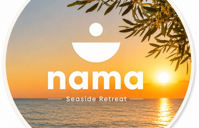 Logo sticker for Nama Seaside Retreat with a sunset over the sea, olive branches, and the text 'nama Seaside Retreat'.