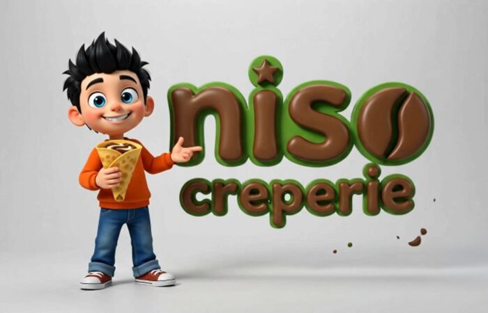 Cartoon boy in orange hoodie holding a crepe beside a green and brown 'creperie' logo.