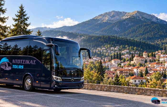 Εκδρομές στο Καρπενήσι με πούλμαν NTOTSIKAS TOURS και θέα στην πόλη – διαφημιστική σύνθεση